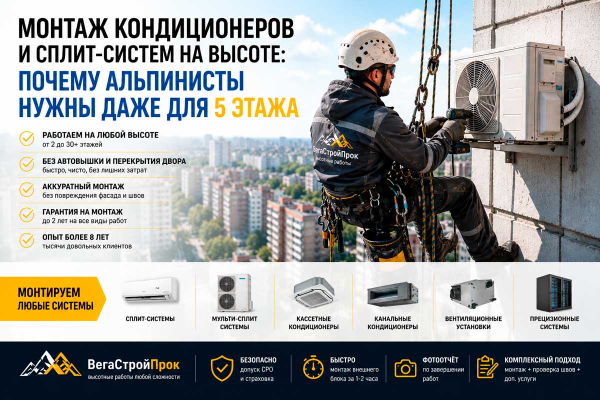 Монтаж кондиционеров и сплит-систем на высоте