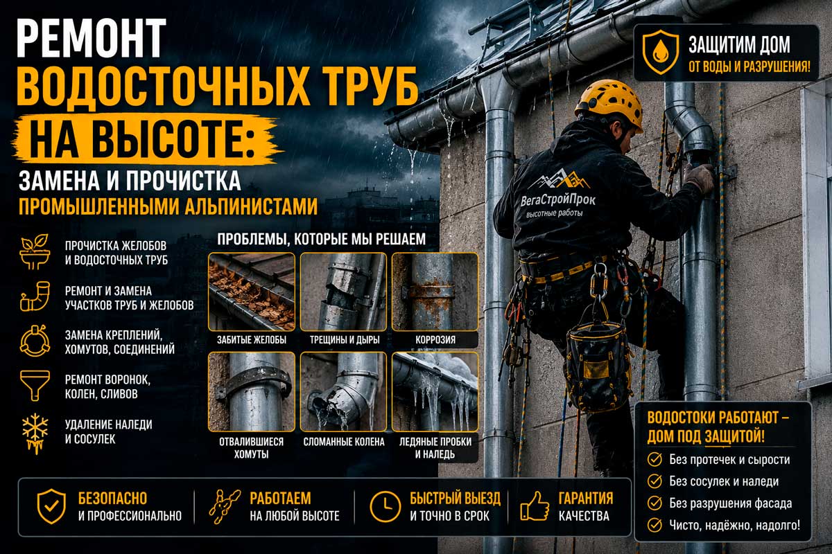 Ремонт водосточных труб на высоте