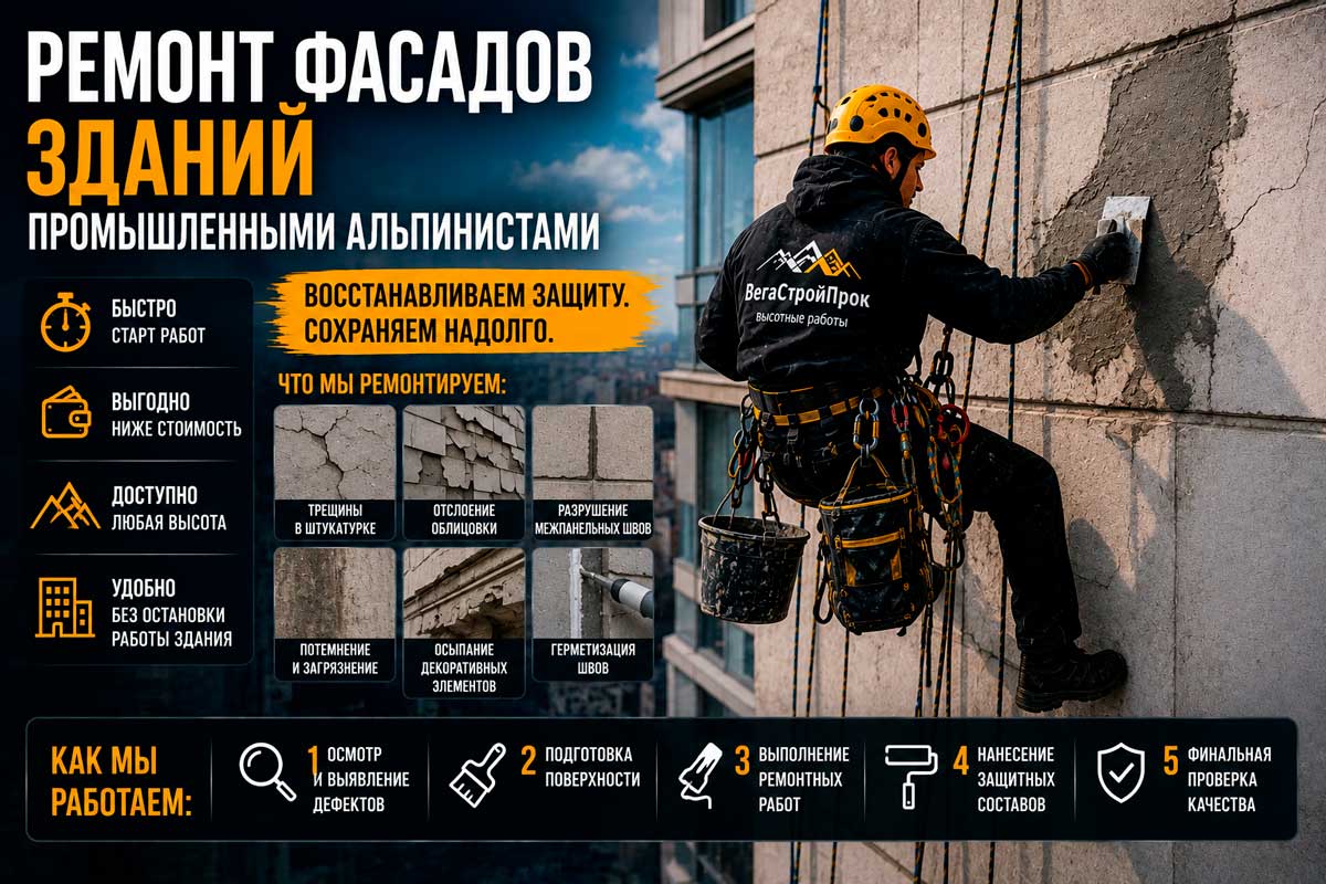 Ремонт фасадов зданий промышленными альпинистами