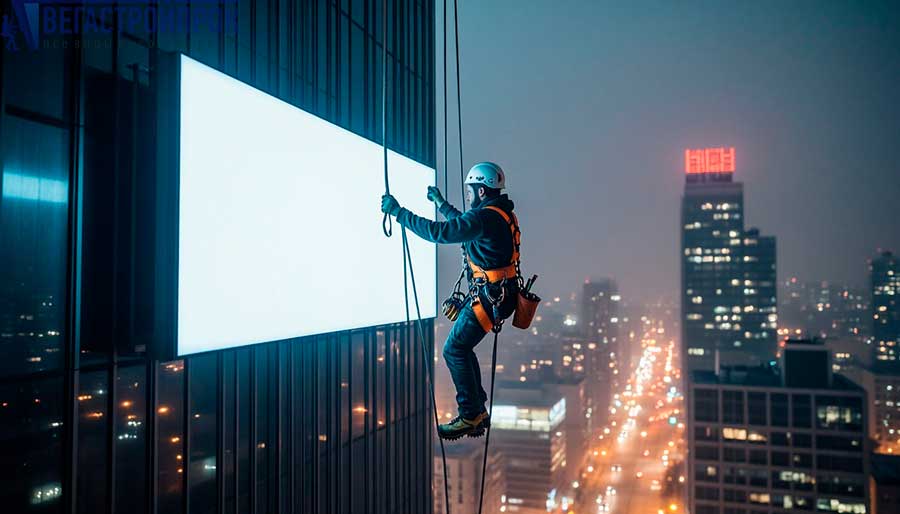 Монтаж баннеров и рекламы на высоте